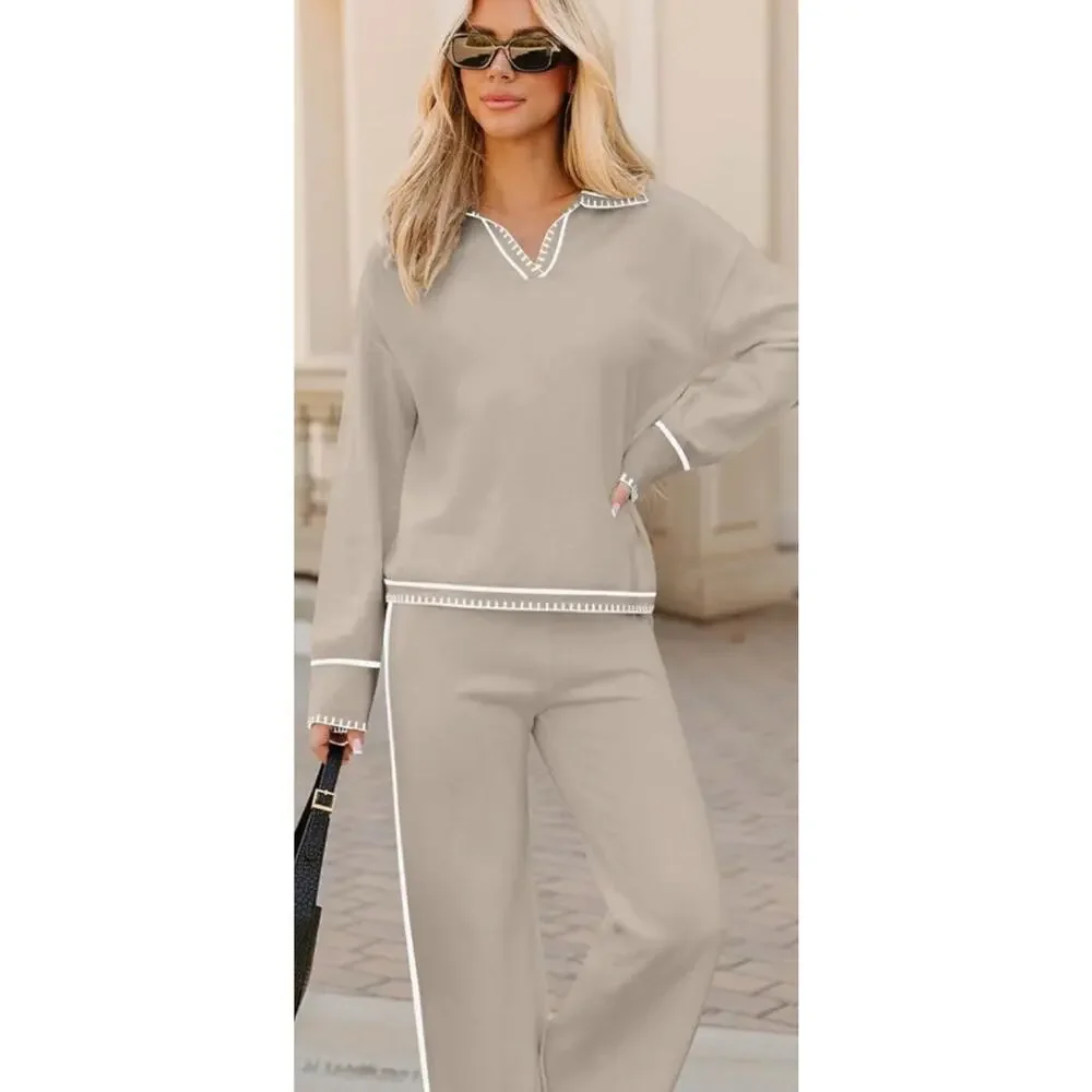 ZESICA Women's 2 Piece Fall Outfit Long Sleeve V Neck Knit Sweater Top & pants - Picture 2 of 13